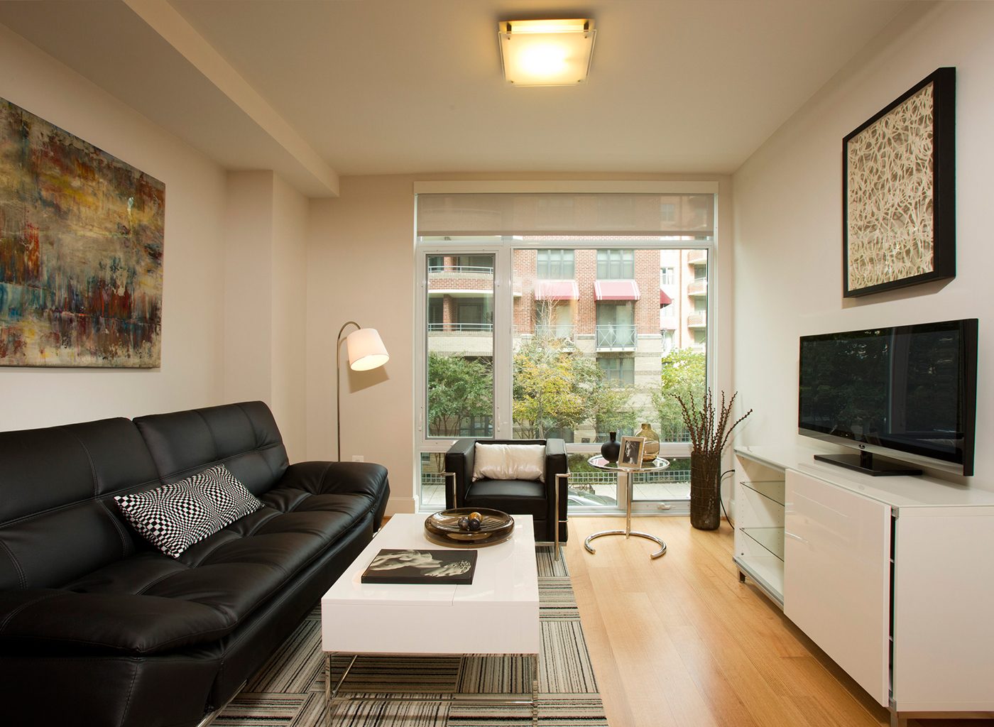 Well designed interior of building with modern furniture and art