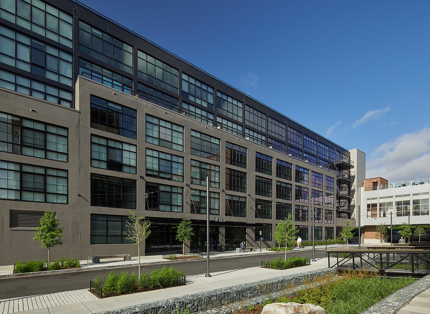 Exterior of rectangular beige building