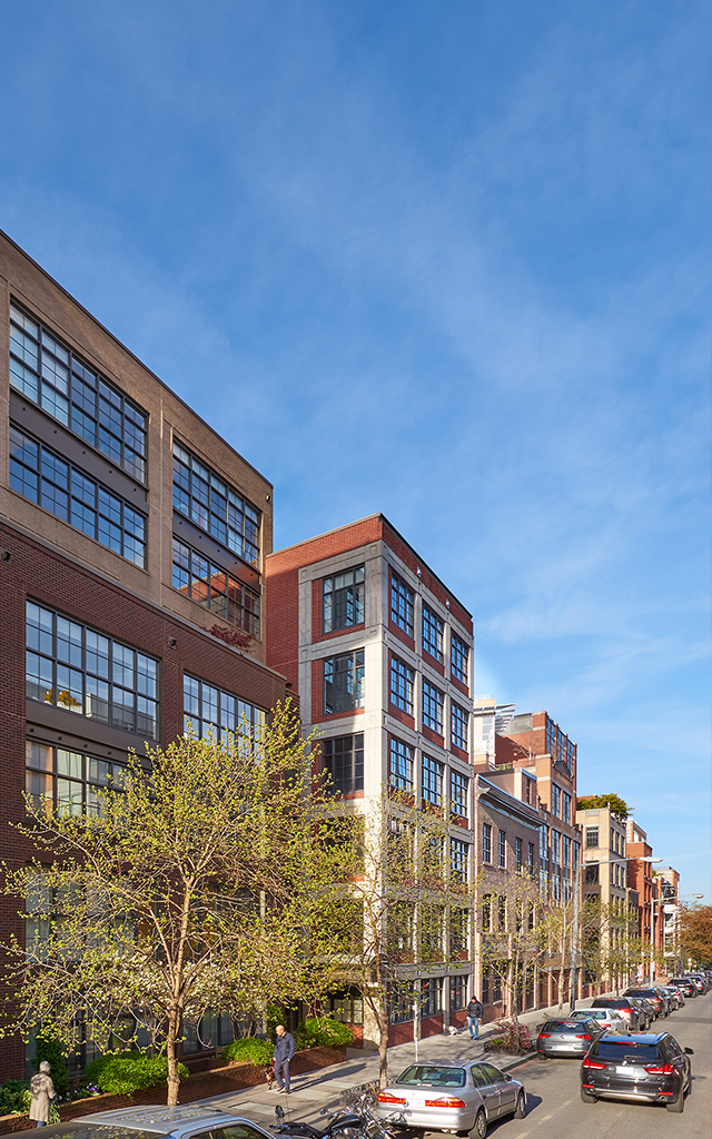 Modern building on busy city street