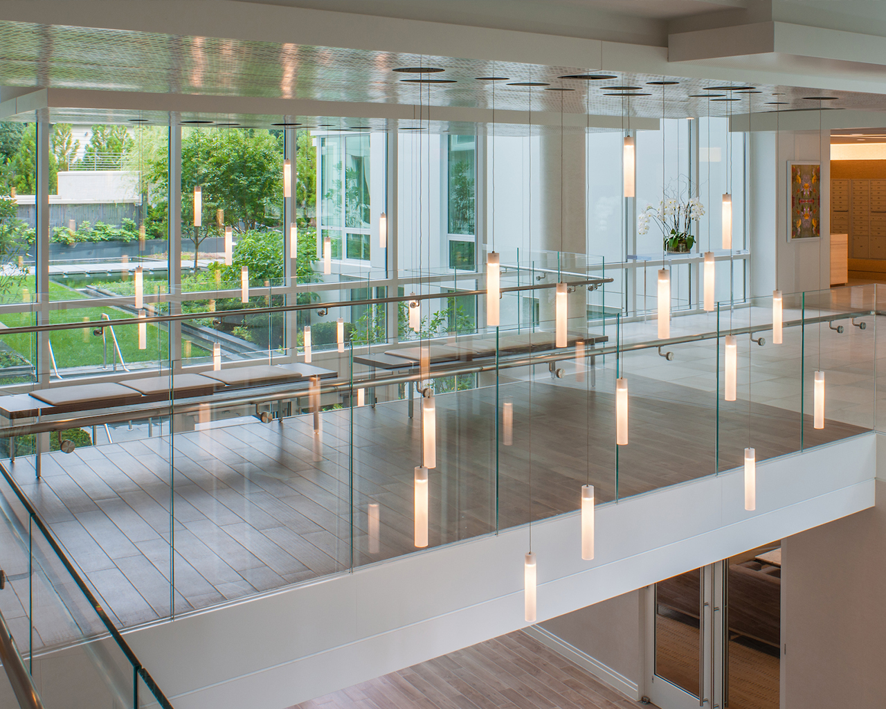 Interior of 5333 Connecticut with elegant lighting and glass walls