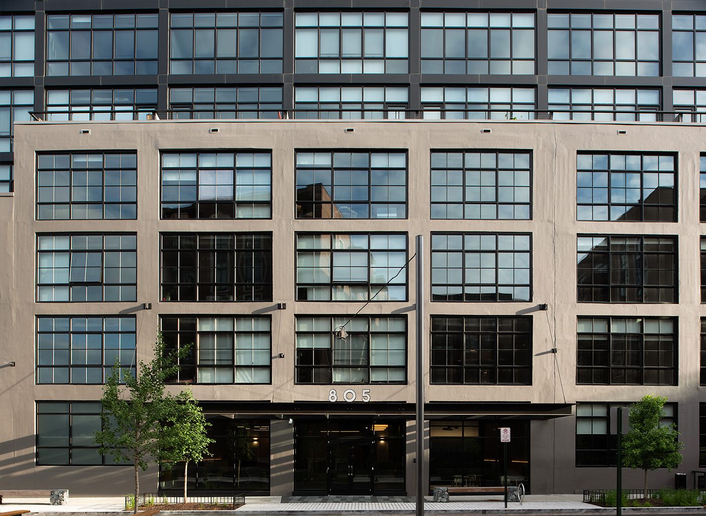 Exterior of rectangular beige building