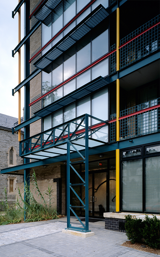 Close up exterior of Church Place with red and yellow accents