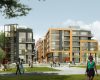 Rendering of busy area outside large building