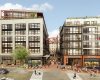 Rendering of busy area outside large building