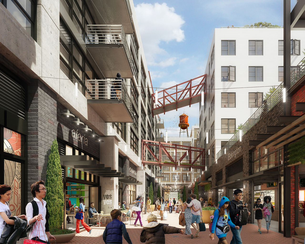 People enjoying promenade of a busy building development