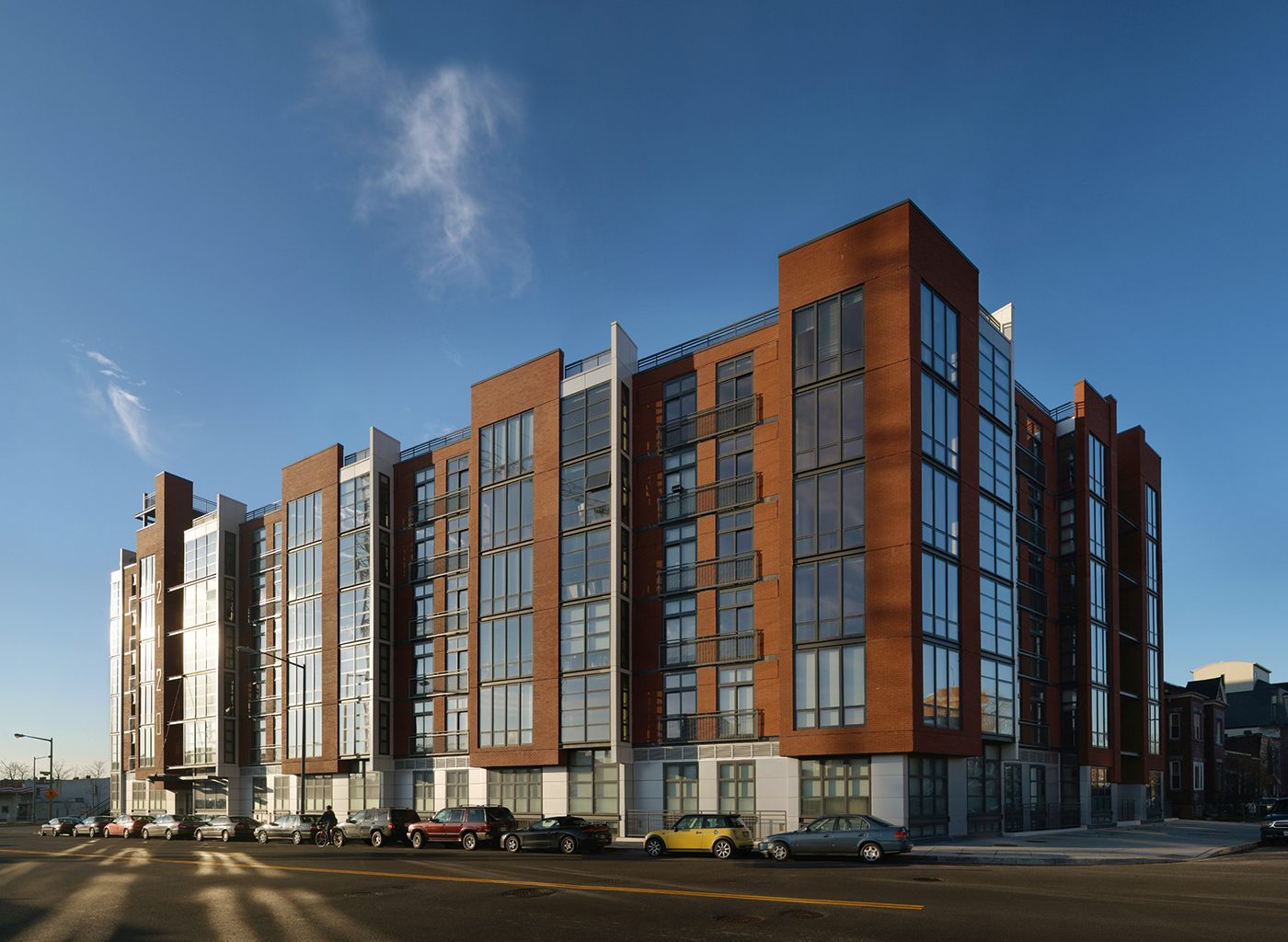 Exterior of brick building on city street