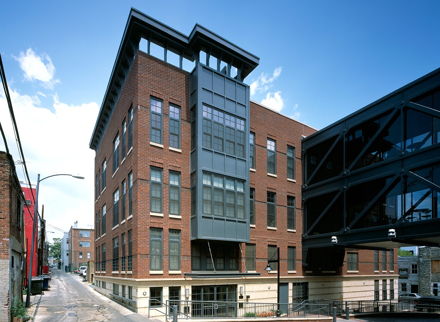 Exterior of brick building on city street