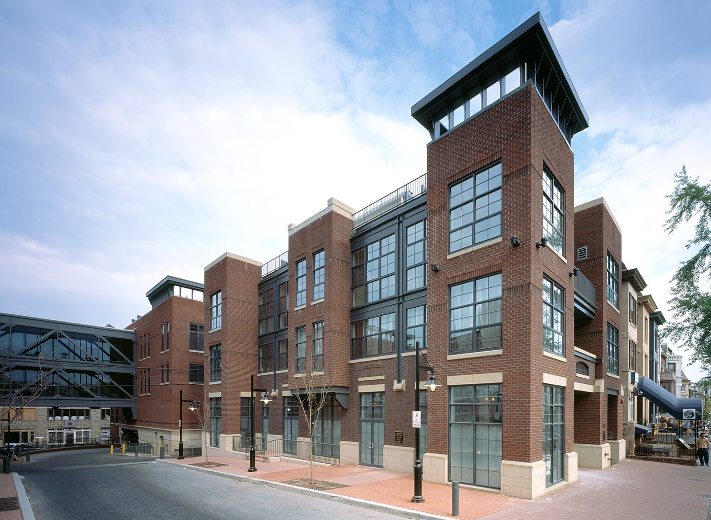 Exterior of brick building on city street