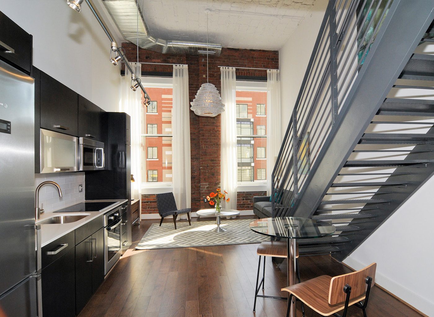 Modern interior of brick apartment building