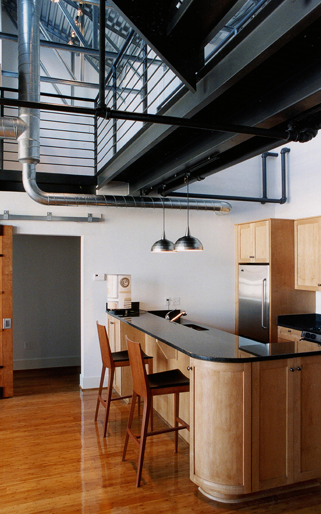 Interior of kitchen with wood and furniture