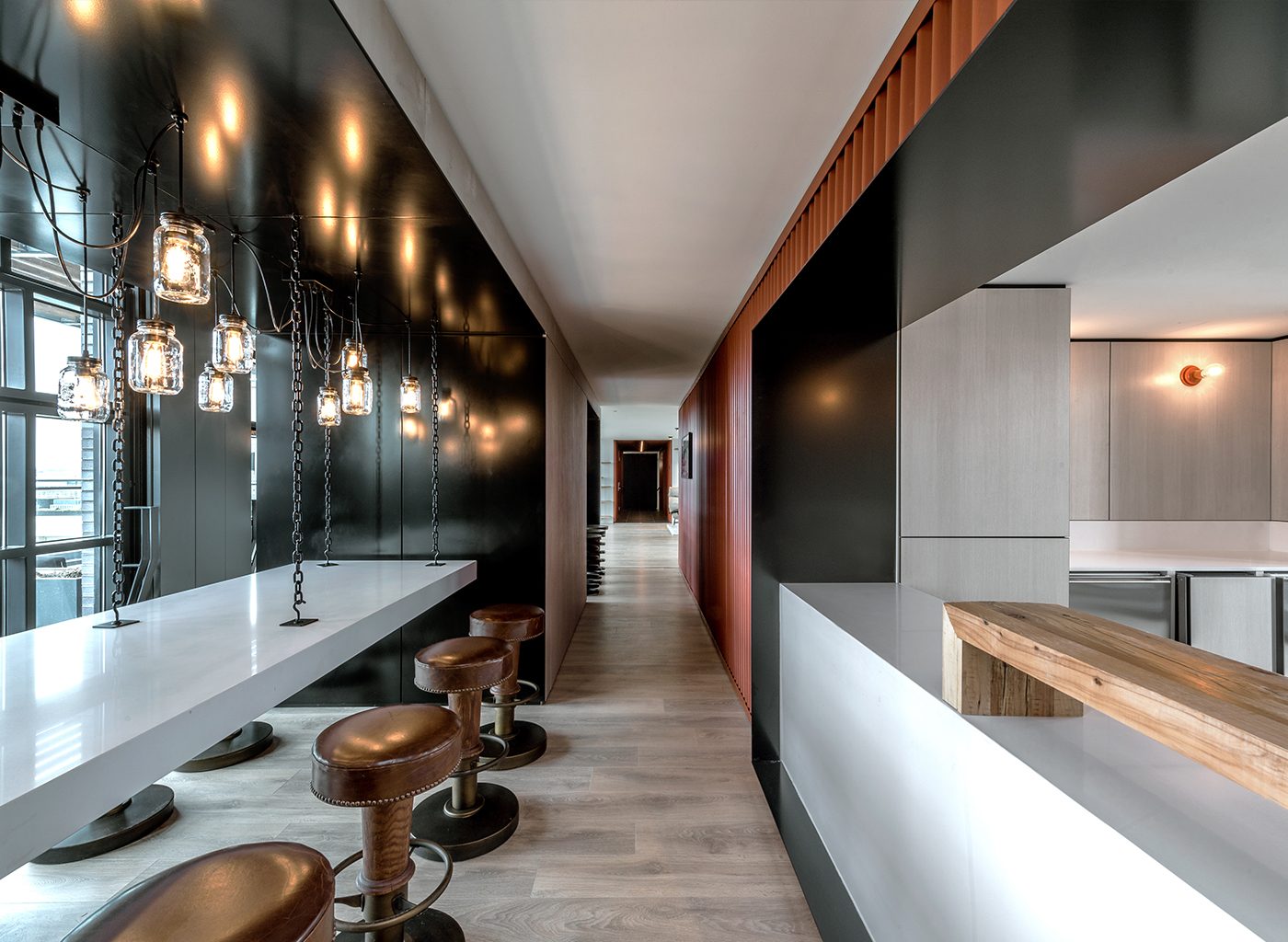 Brightly lit modern interior of building with white accents