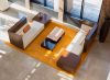 Interior lounge with orange rug and modern furniture
